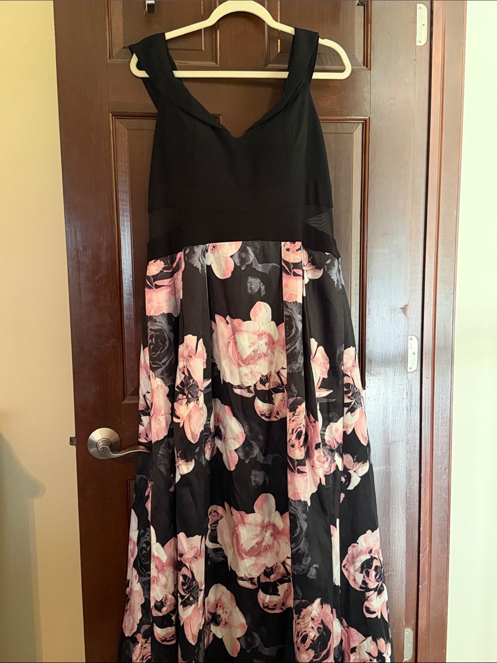 Black Floral A-Line Maxi Dress with Pink Roses off the shoulder